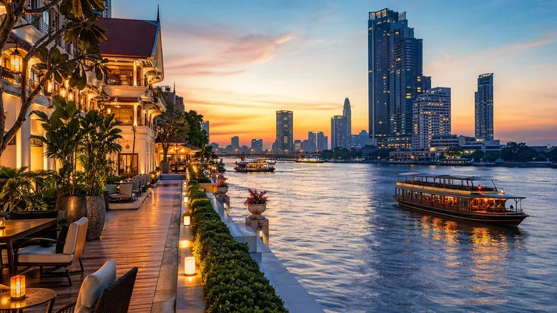 Bangkok Riverside con hoteles junto al río y vistas al atardecer