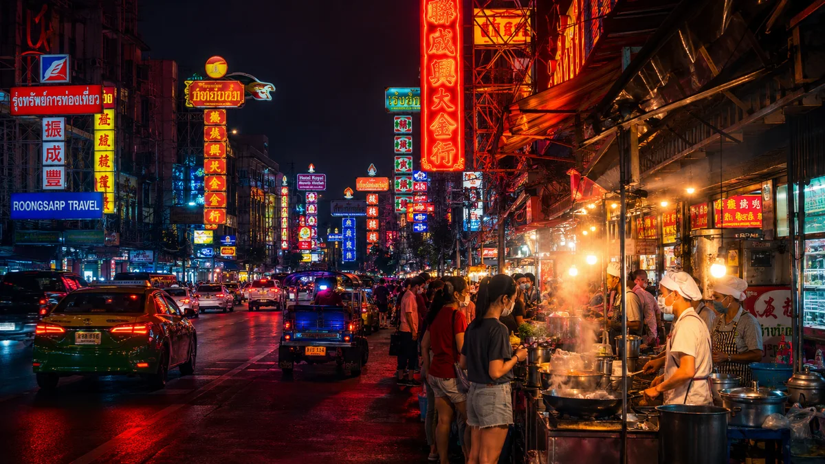 Chinatown de Bangkok de noche con luces de neón y puestos de comida callejera en Yaowarat