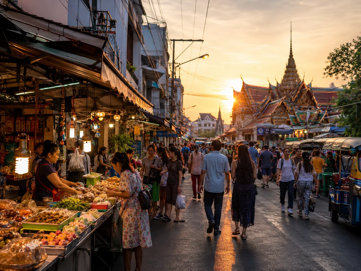 Mercado local y calles con ambiente de Bangkok al atardecer