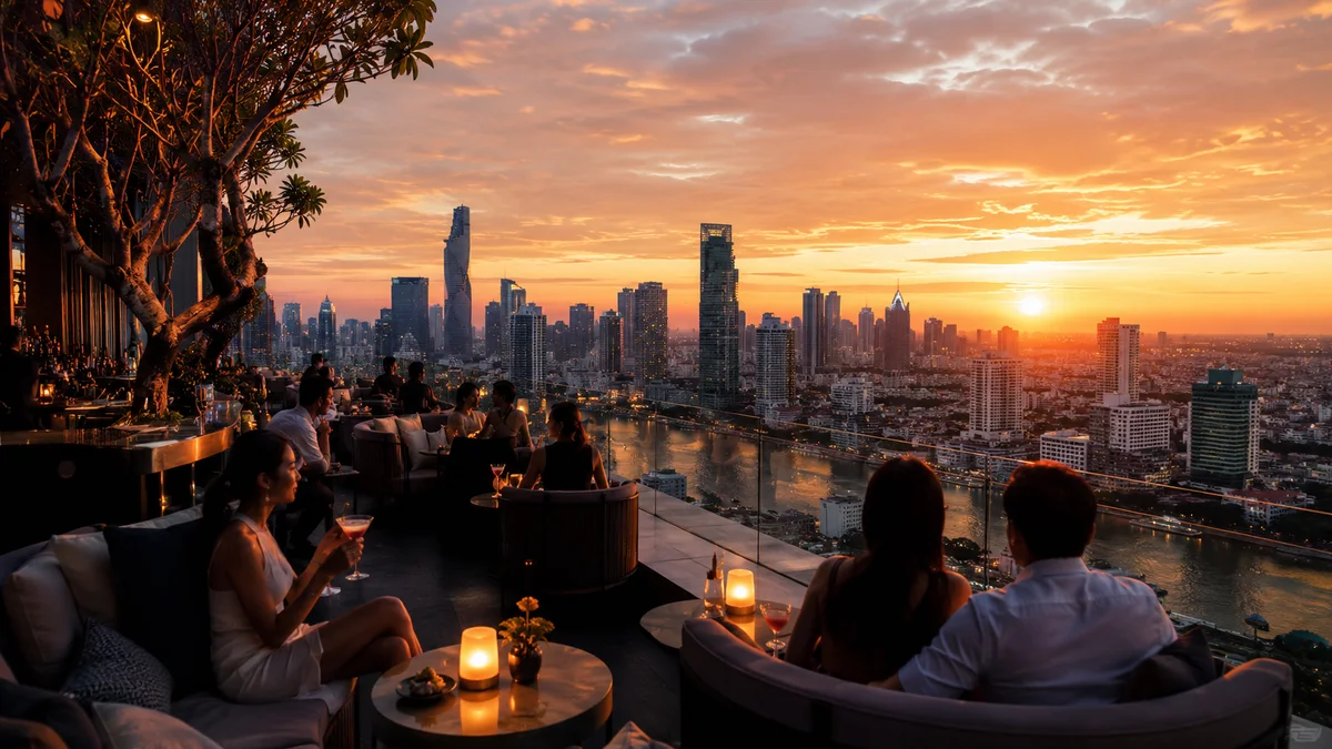 Rooftop en Bangkok al atardecer con vistas al skyline y al río Chao Phraya