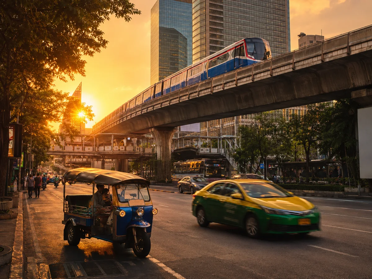 Tuk-tuk, taxi y transporte urbano en una avenida de Bangkok