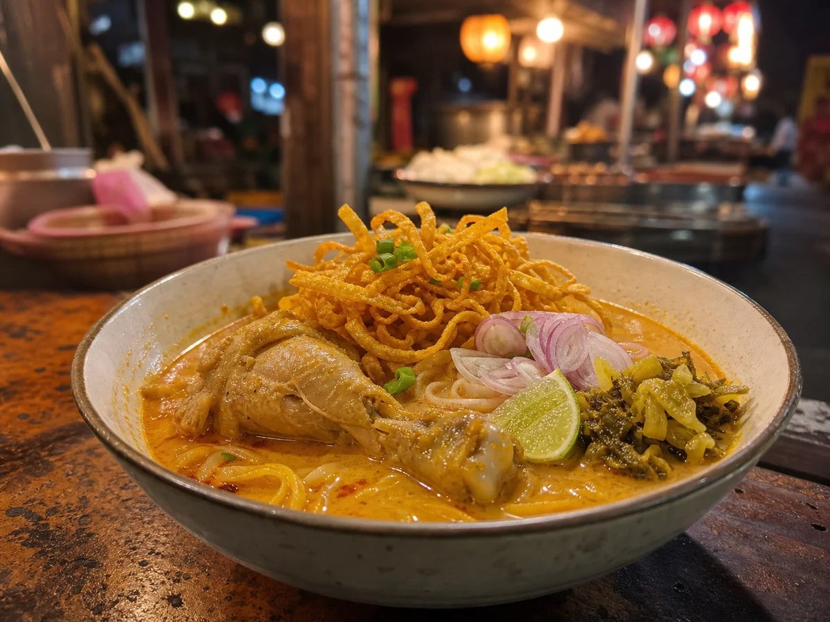 Khao Soi tradicional de pollo con curry de coco, fideos crujientes, lima y encurtidos