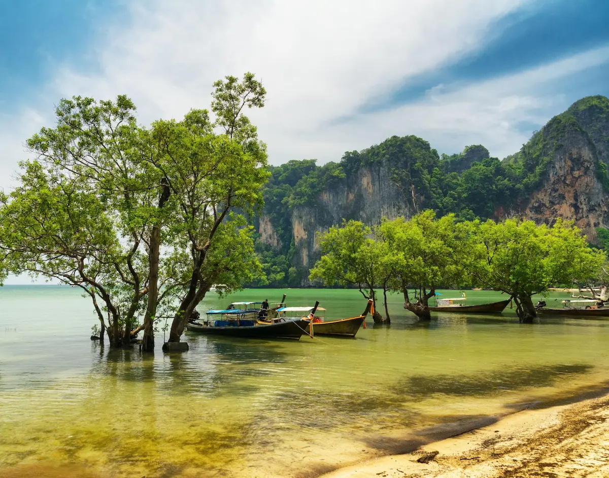 Barcas longtail frente a los acantilados de Krabi