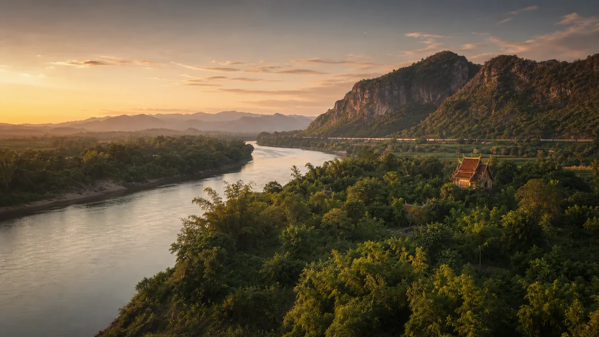 Paisaje de Tailandia con río, montañas, templo y una conexión ferroviaria