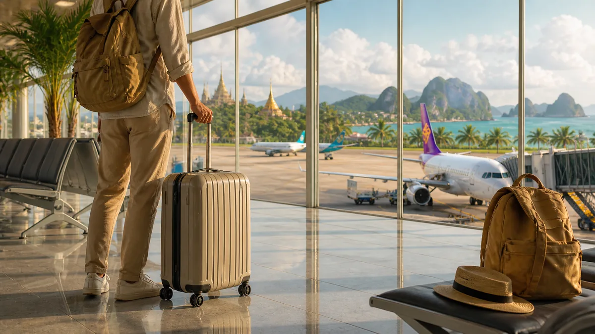 Viajero con maleta de cabina y mochila en una terminal de aeropuerto