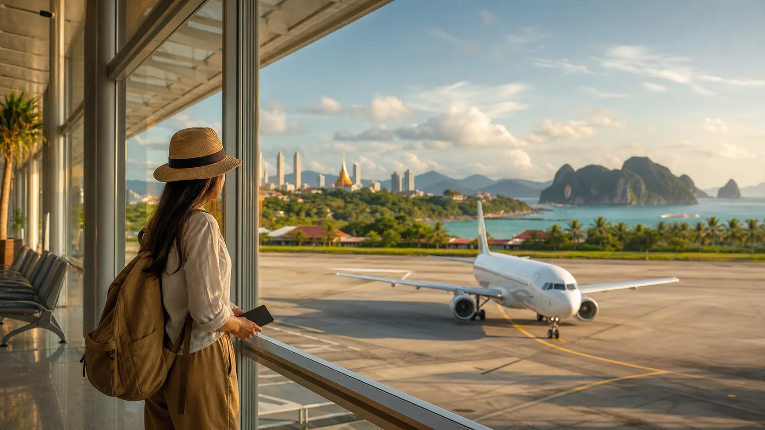 Viajera con mochila observando un avión desde una terminal antes de un vuelo interno en Tailandia