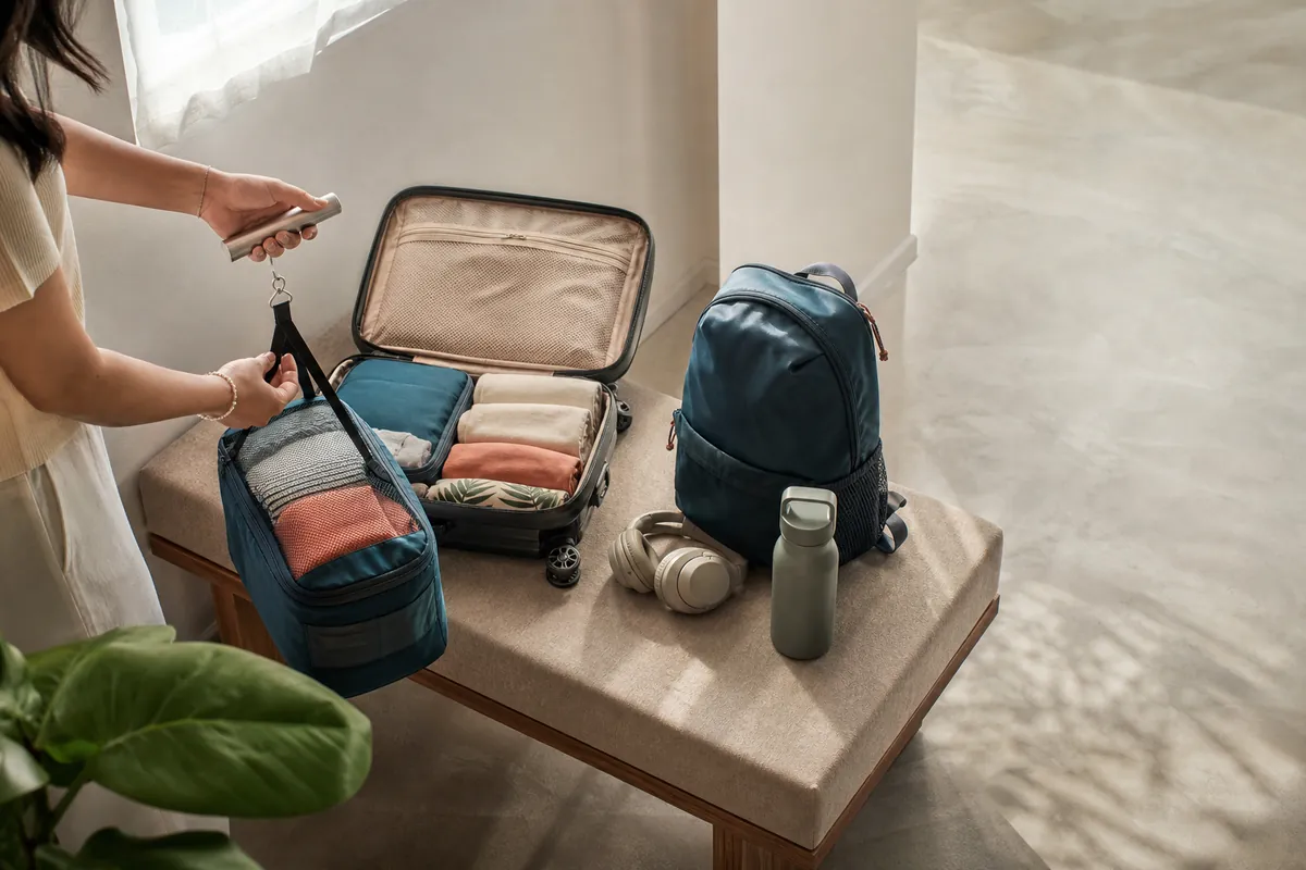 Viajera pesando equipaje de cabina junto a una maleta abierta