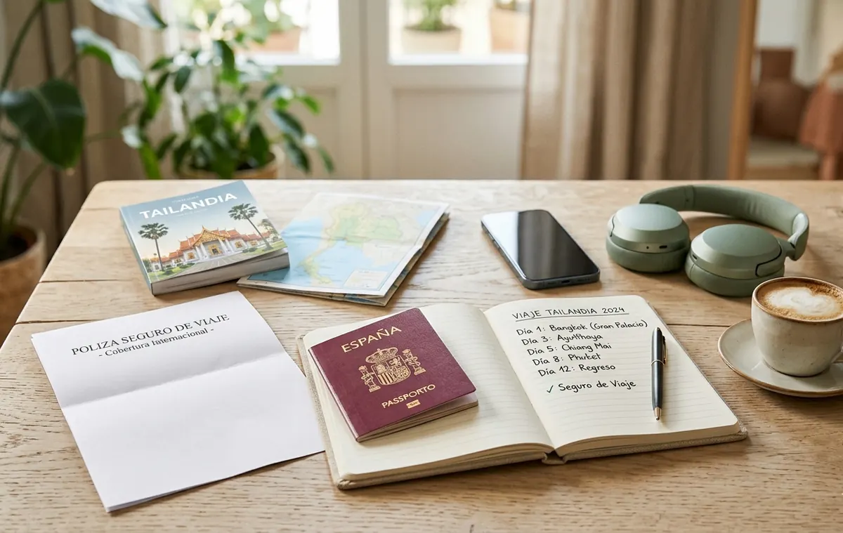Seguro de viaje para Tailandia con documentación, móvil y planificación de viaje