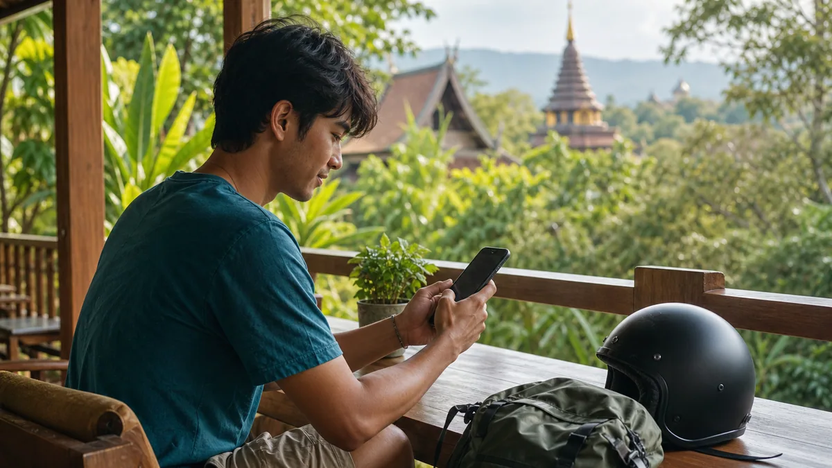 Viajero en el norte de Tailandia revisando su viaje junto a una mochila y un casco
