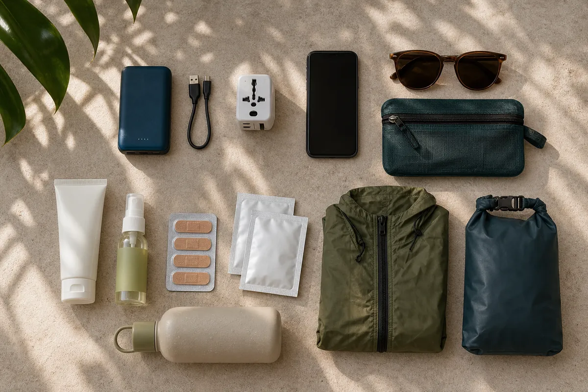 Power bank, adaptador, chubasquero y pequeños básicos de viaje organizados