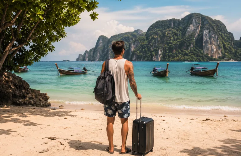 Viajero con mochila y maleta en una playa de Tailandia
