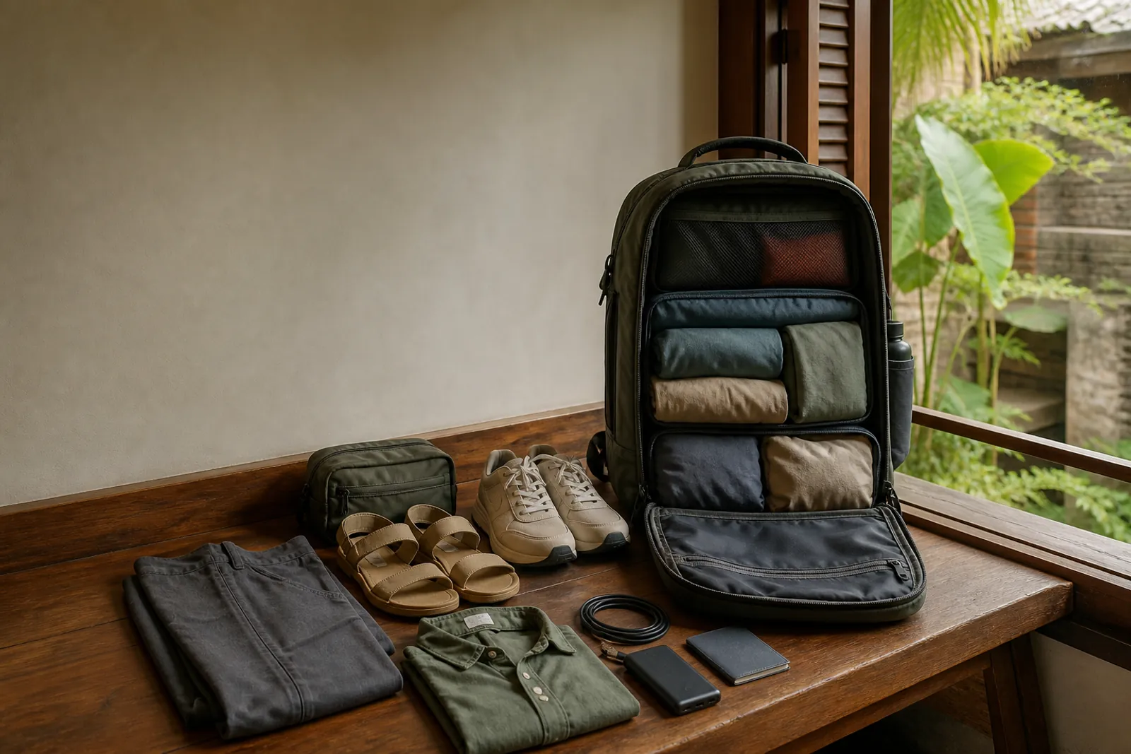 Mochila de viaje abierta con ropa ligera y accesorios para 15 días en Tailandia