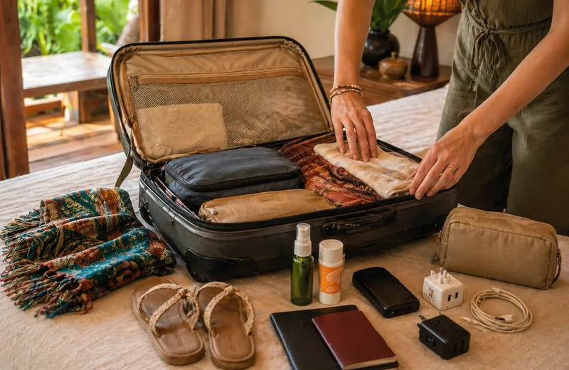 Maleta organizada con ropa ligera y accesorios para viajar a Tailandia