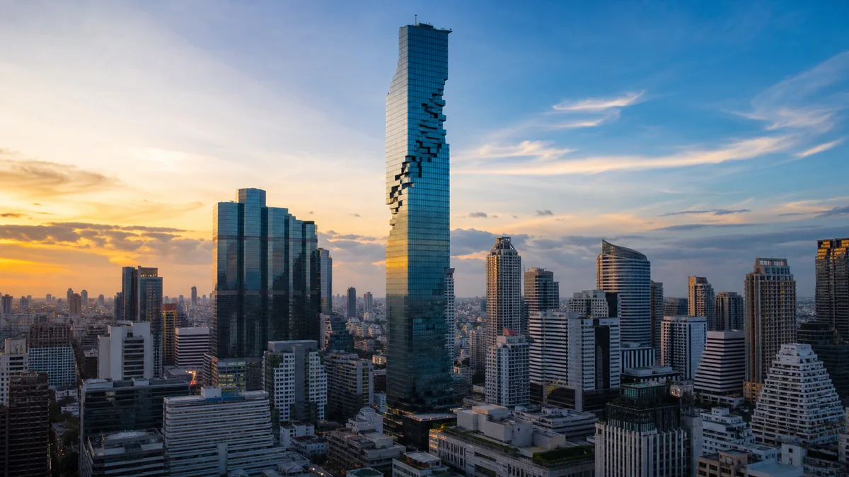 King Power Mahanakhon y skyline de Bangkok al atardecer