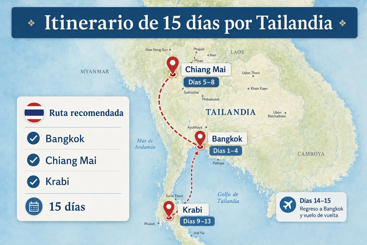 Mapa del itinerario de 15 días por Tailandia con Bangkok, Chiang Mai y Krabi