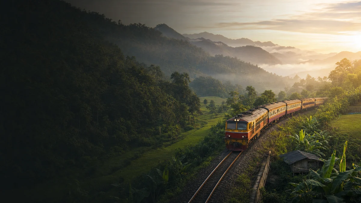 Tren de larga distancia atravesando el paisaje montañoso del norte de Tailandia