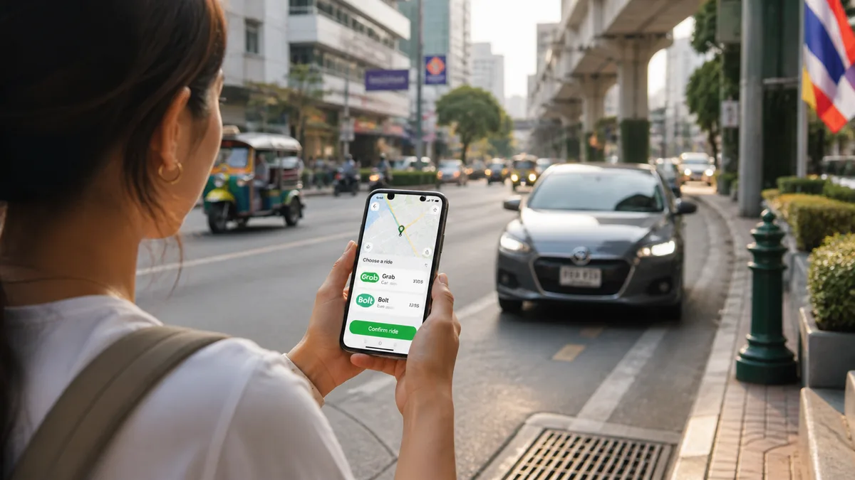 Viajero usando Grab o Bolt para moverse por Tailandia en taxi o coche privado