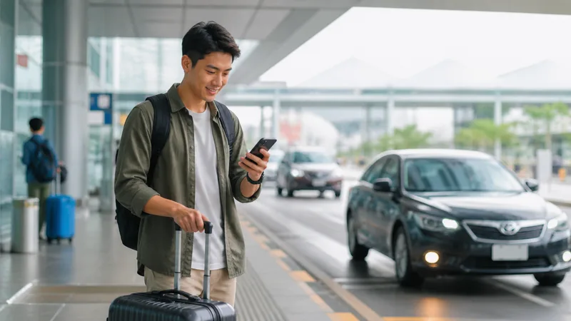 Viajero esperando la recogida en el aeropuerto de Tailandia con una app de transporte