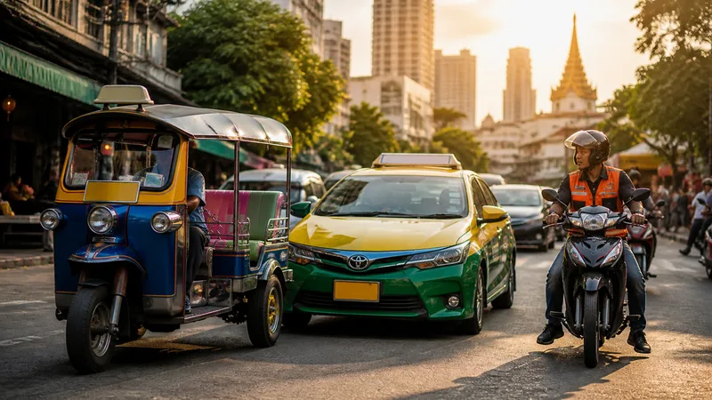 Taxi, tuk-tuk y mototaxi con chaleco naranja en Tailandia para comparar formas de moverse