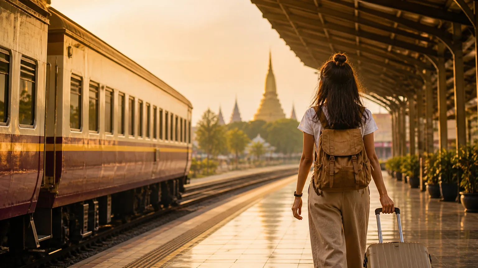 Viajera con equipaje en un andén antes de ir de Bangkok a Chiang Mai