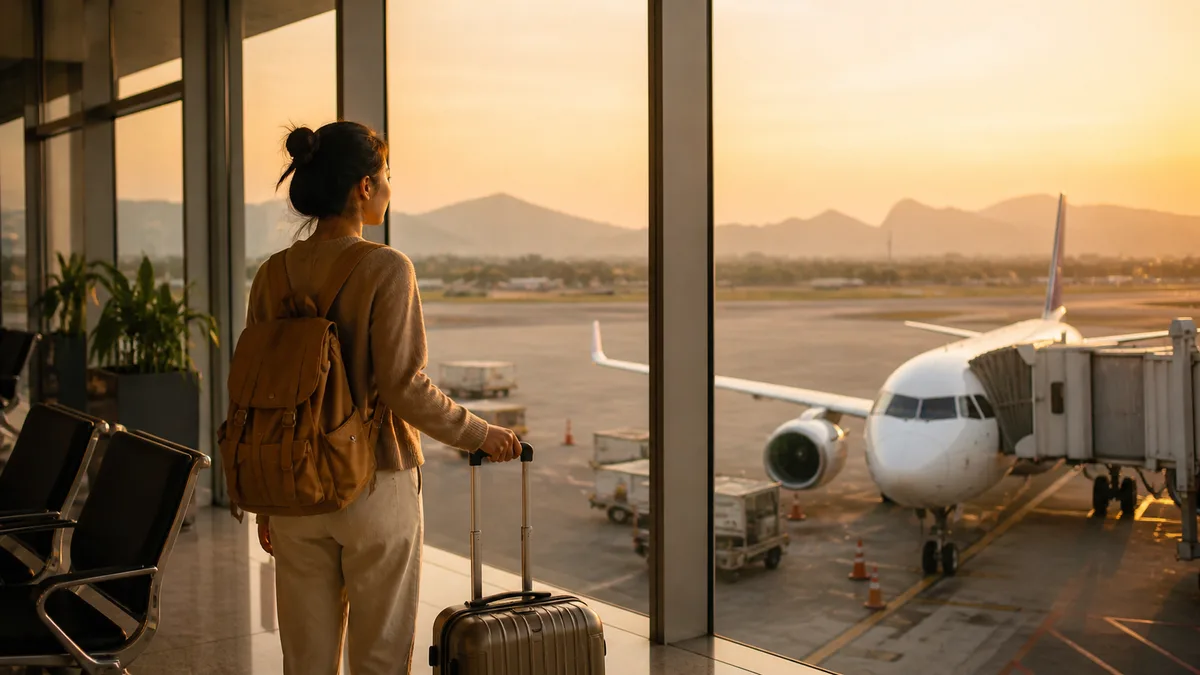 Viajera con maleta comparando el equipaje de un vuelo entre Bangkok y Chiang Mai